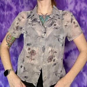 90s sheer floral button up blouse grey floral